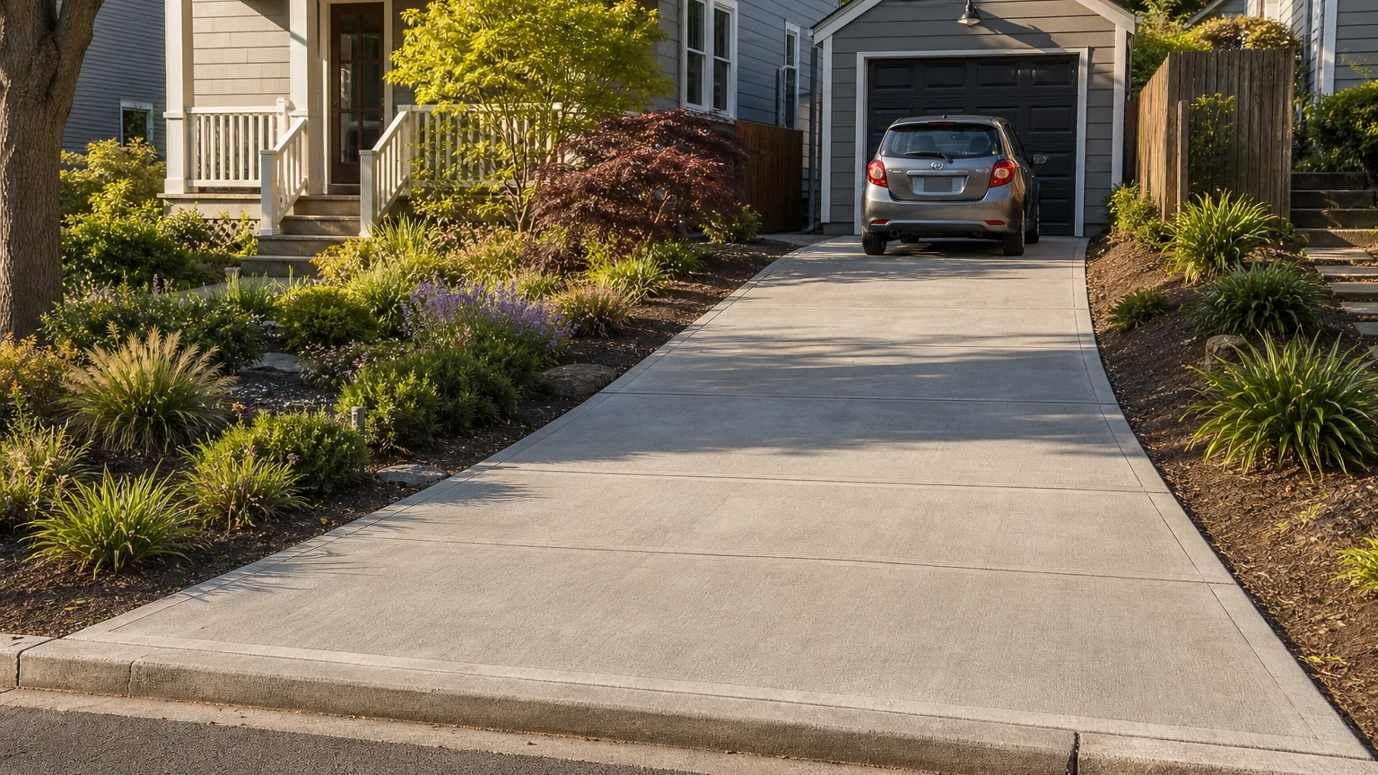 Tapered concrete driveway widening near the street and narrowing toward a compact garage.