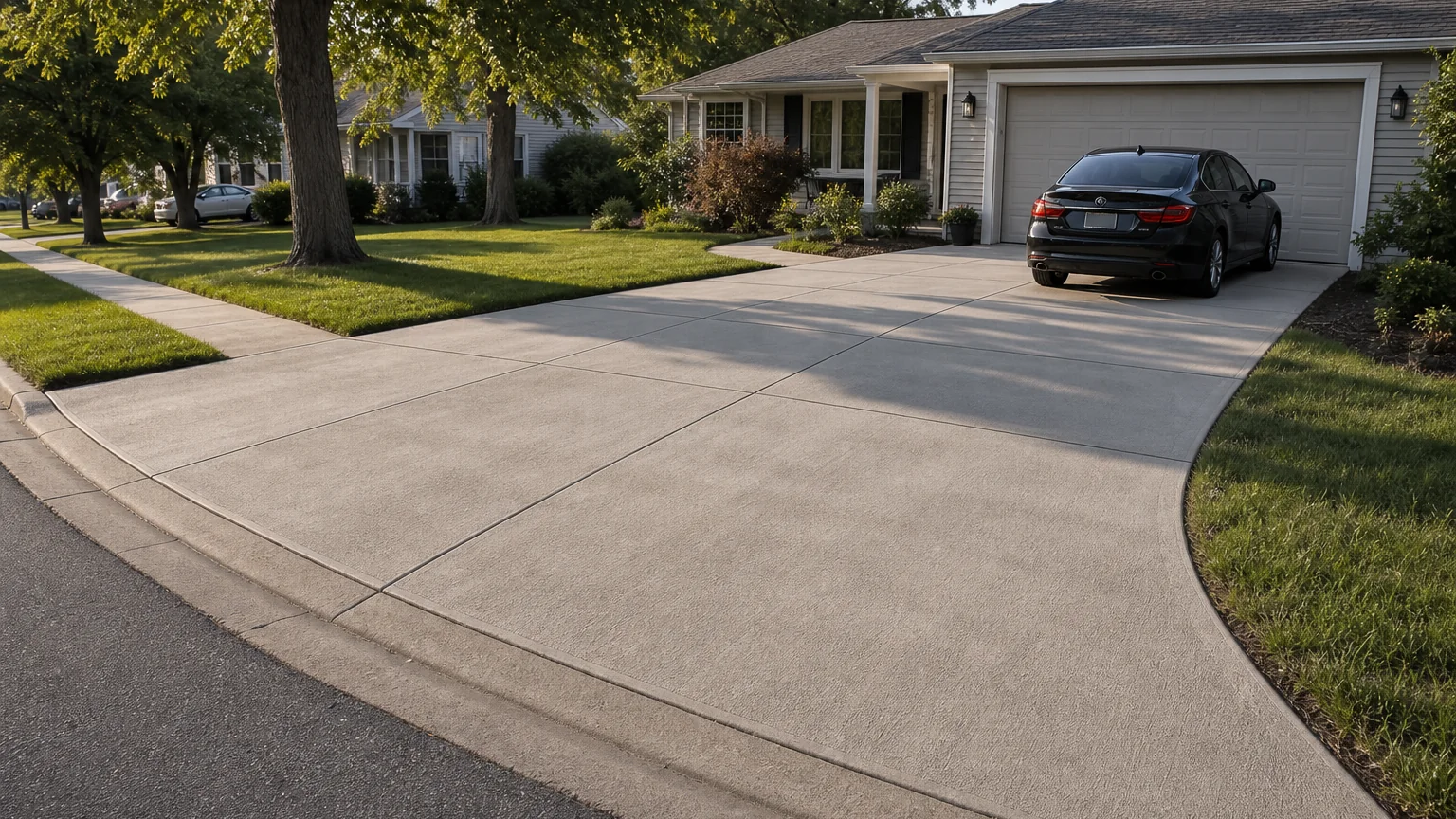 Traditional concrete driveway with a gently flared street apron and broad control joints.