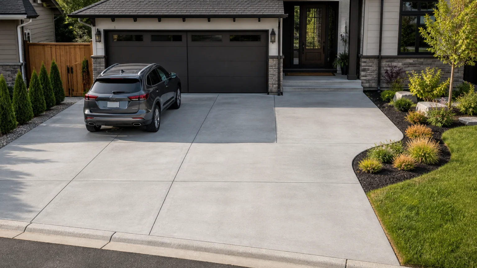 Two-car concrete driveway with a flush offset entry court connected to the front door.
