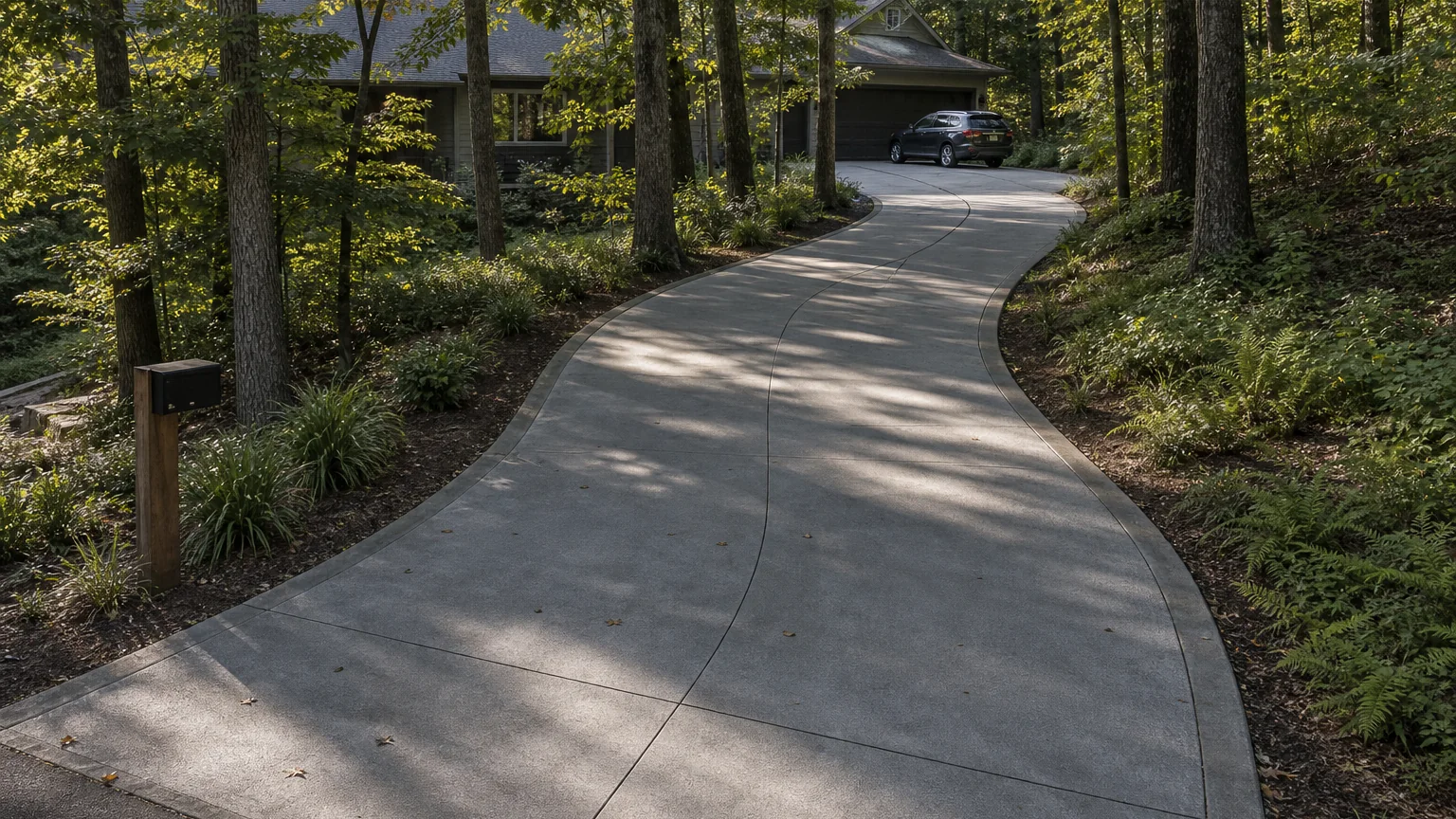 Concrete driveway approaching a wooded home with natural planting and subtle drainage edges.