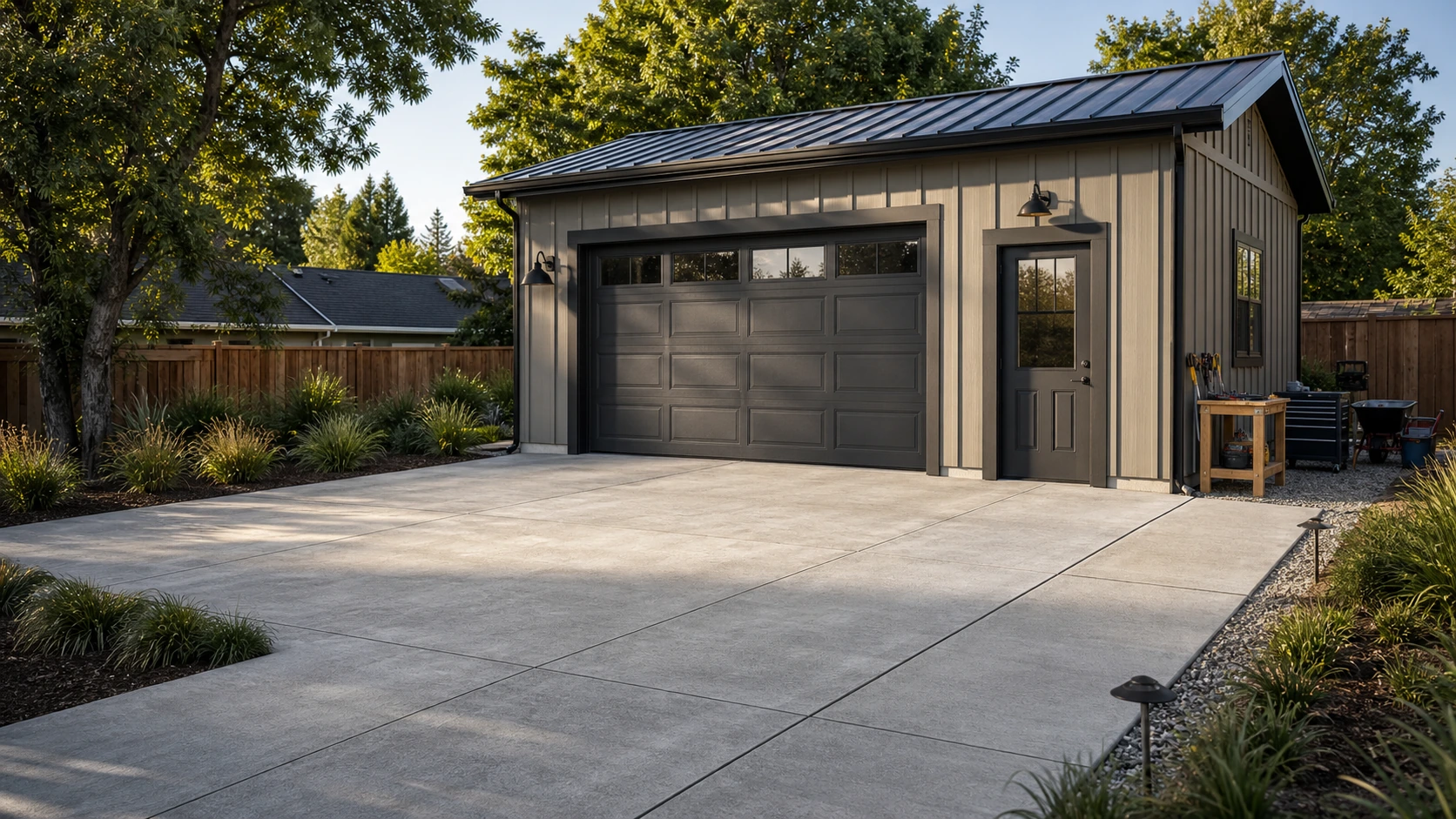 Backyard workshop fronted by a concrete arrival court that organizes access and staging.