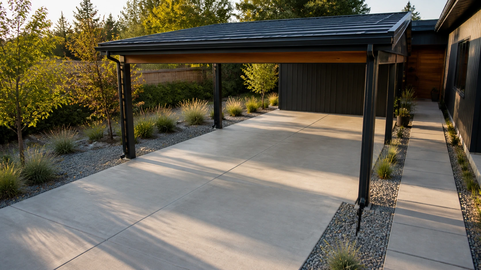 Carport with a concrete driving strip meeting a bordered gravel arrival zone.