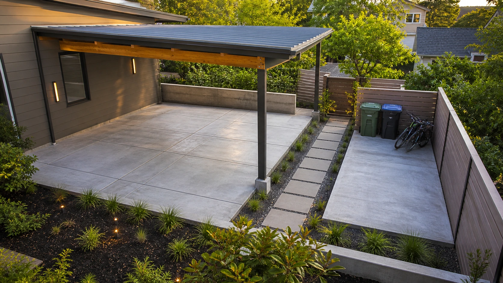 Carport paired with a side-storage concrete court for bins, bikes, and seasonal gear.