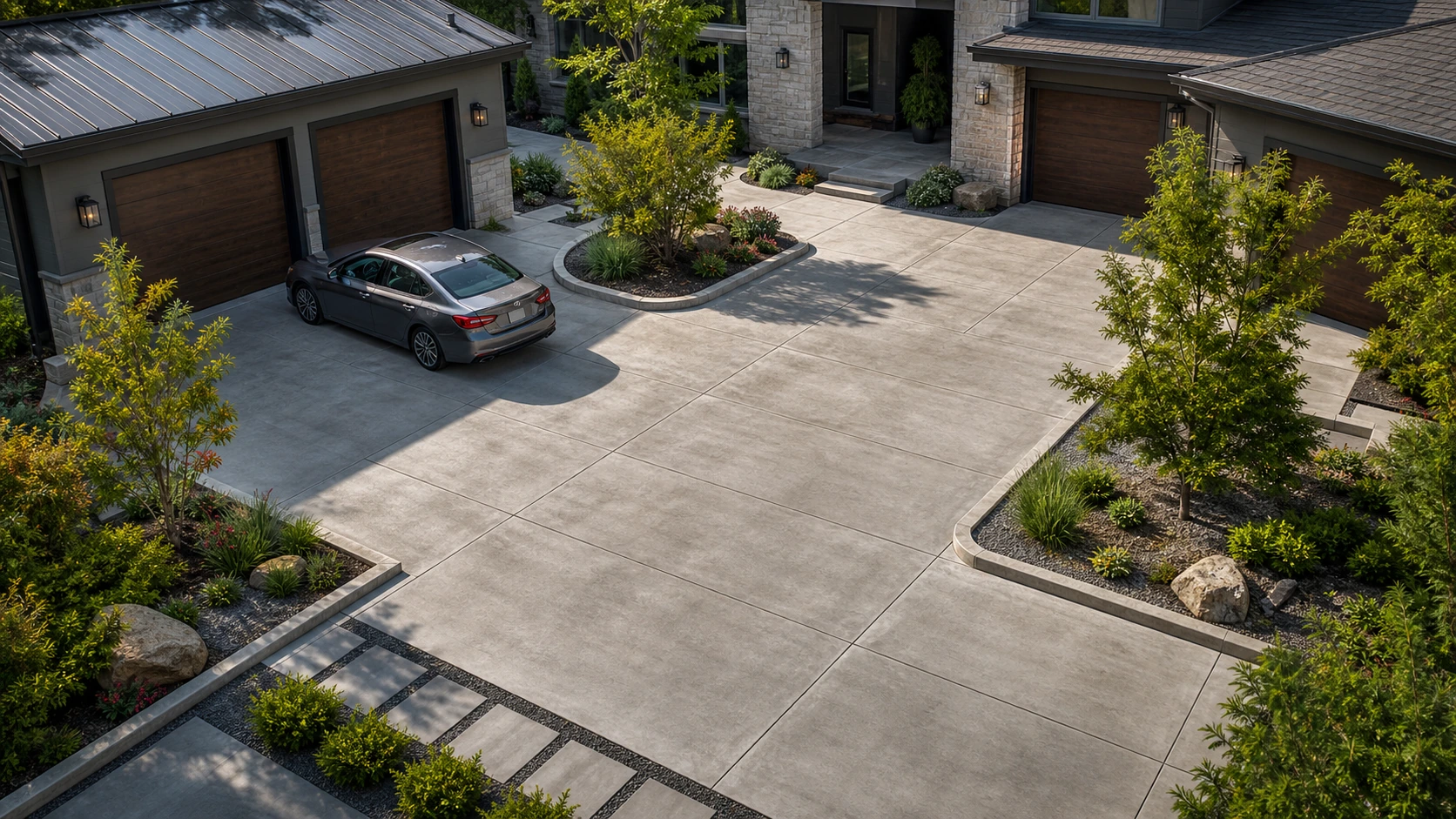 Compact concrete motor court broken up by low planting islands that soften the paved area.