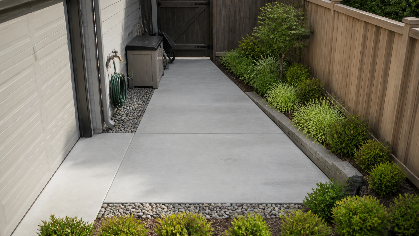 Compact concrete service court with convenient hose access for cleaning and equipment.