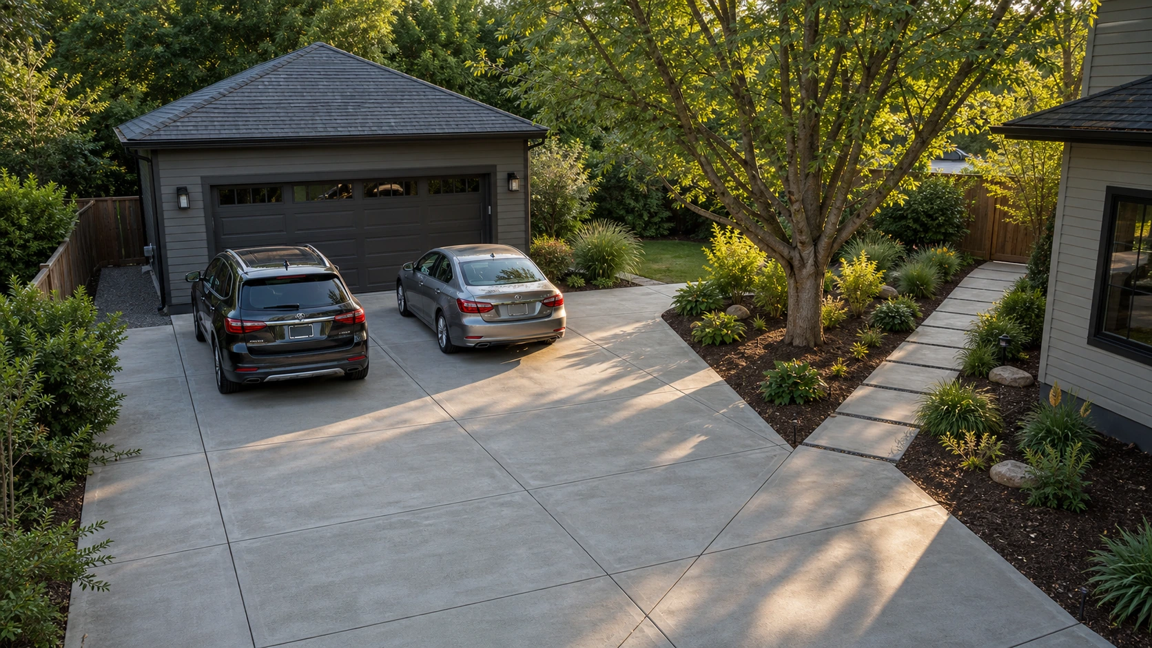 Concrete parking court with a shade-tree edge providing dappled cover over part of the pad.