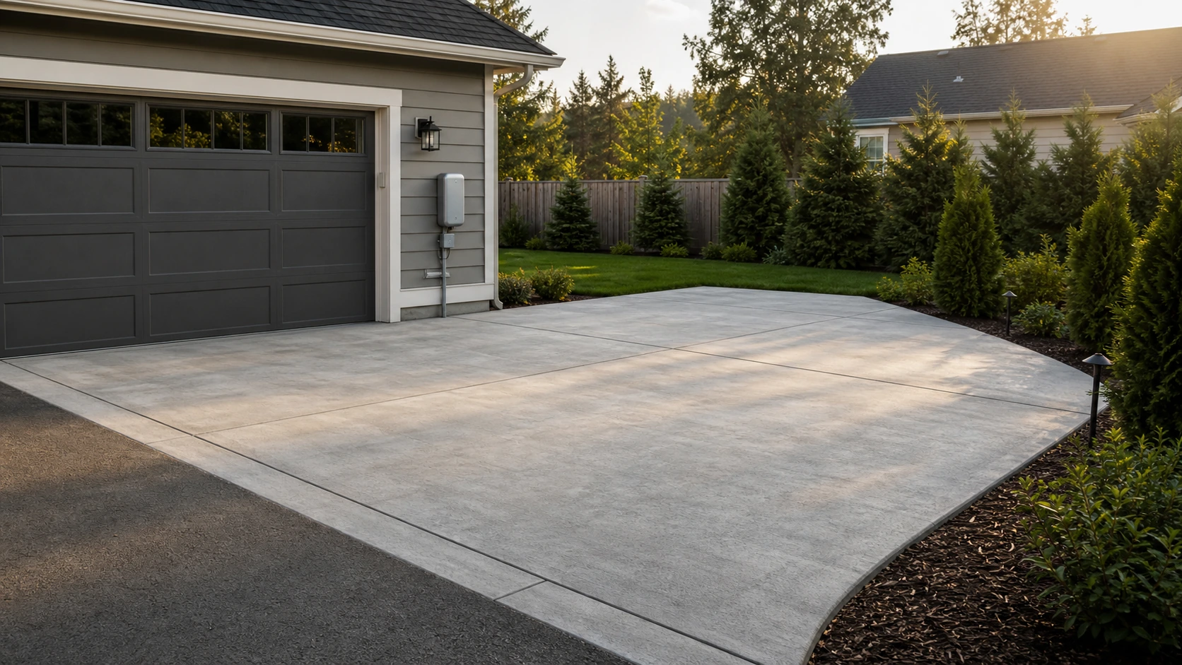 Concrete parking pad with an EV-ready charging wall zone and conduit routed to a tidy panel.
