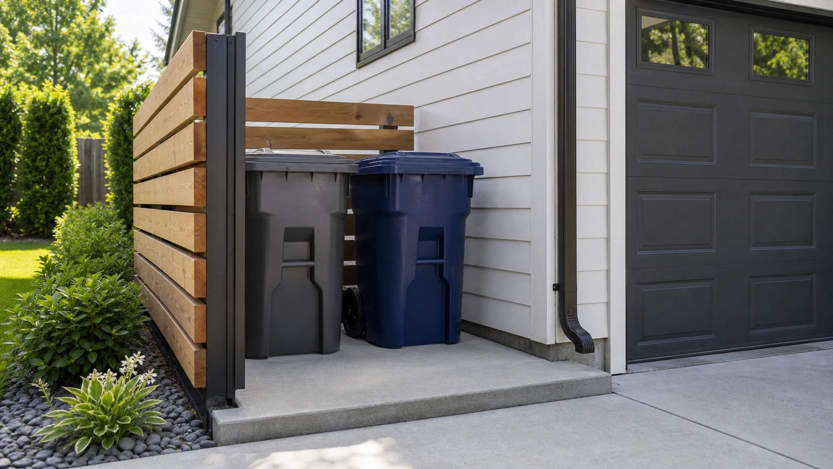 Concrete service pad sized for trash and recycling bins with a short route to the curb.