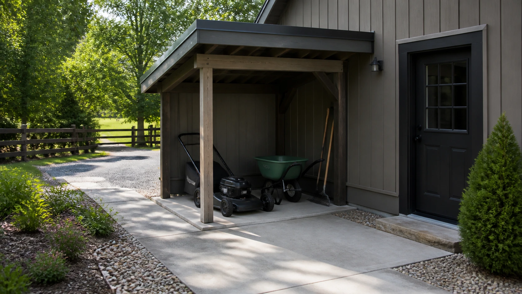 Covered concrete pad for garden equipment, keeping mowers and tools dry beside the yard.