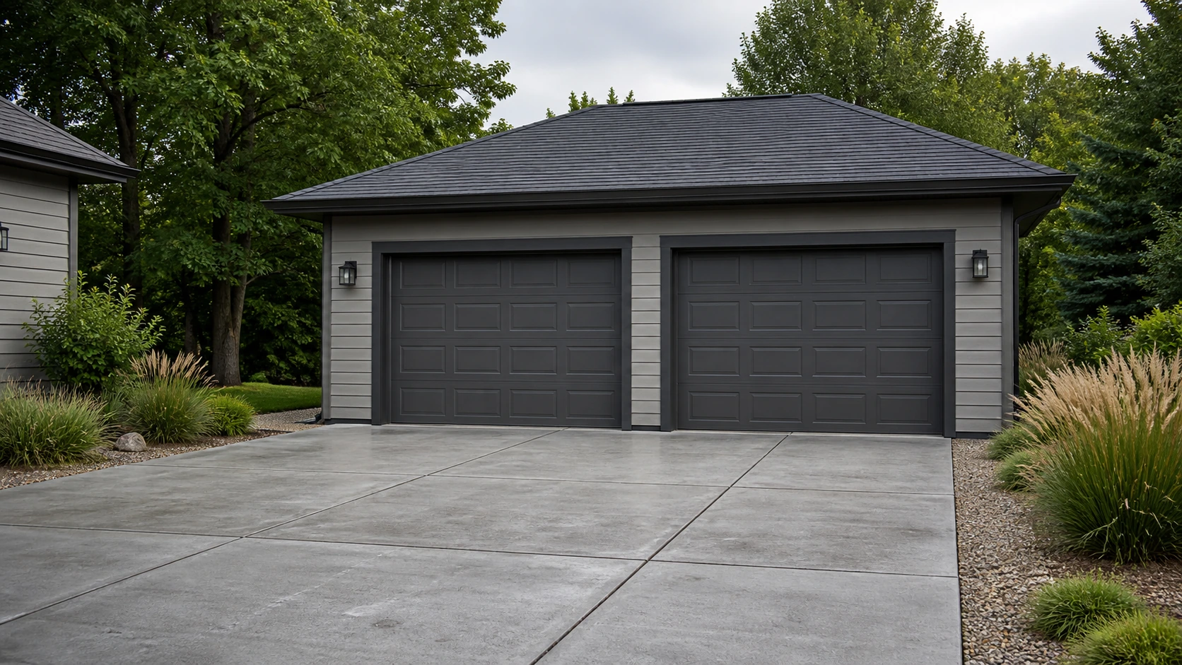 Detached garage concrete apron with a dark, evenly spaced control-joint rhythm and trimmed lawn edge.
