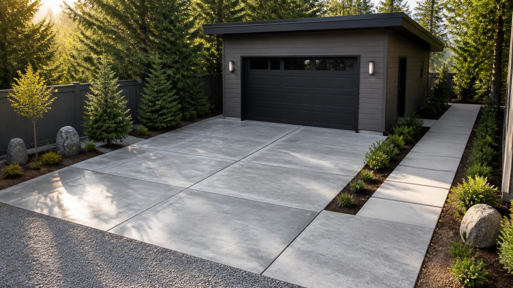 Detached studio garage with a concrete pad and a planted transition to the surrounding yard.
