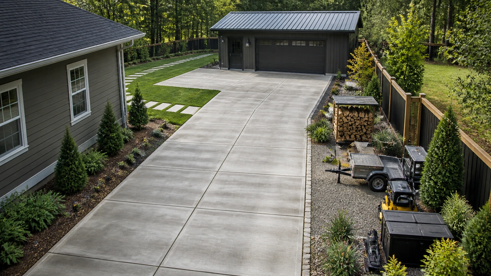 Drive-through concrete utility parking zone with clearance at both ends for trailers or equipment.