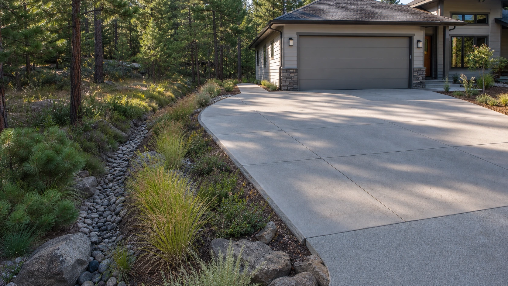 Concrete driveway edge shaped to a planted drainage swale that carries runoff away from the slab.
