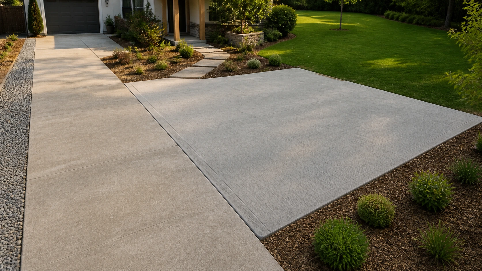 Extra concrete parking pad beside an existing driveway, aligned to the same joint pattern.