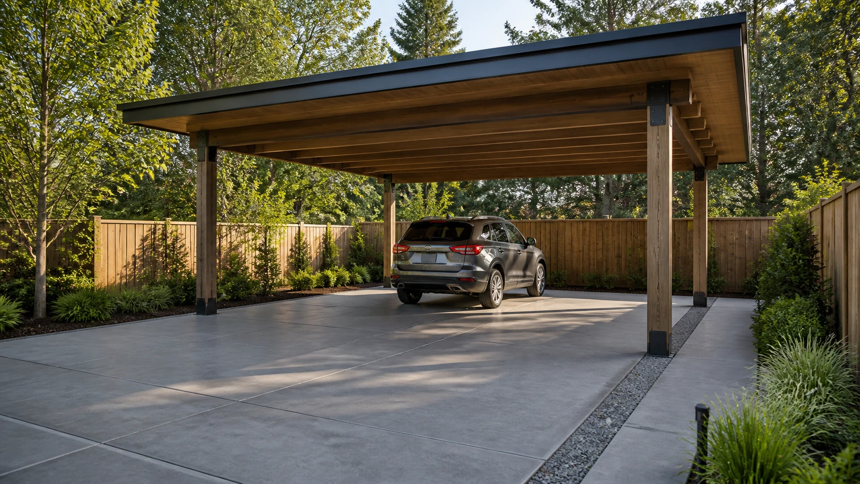 Freestanding carport over a single concrete bay with slim posts and a tidy joint layout.