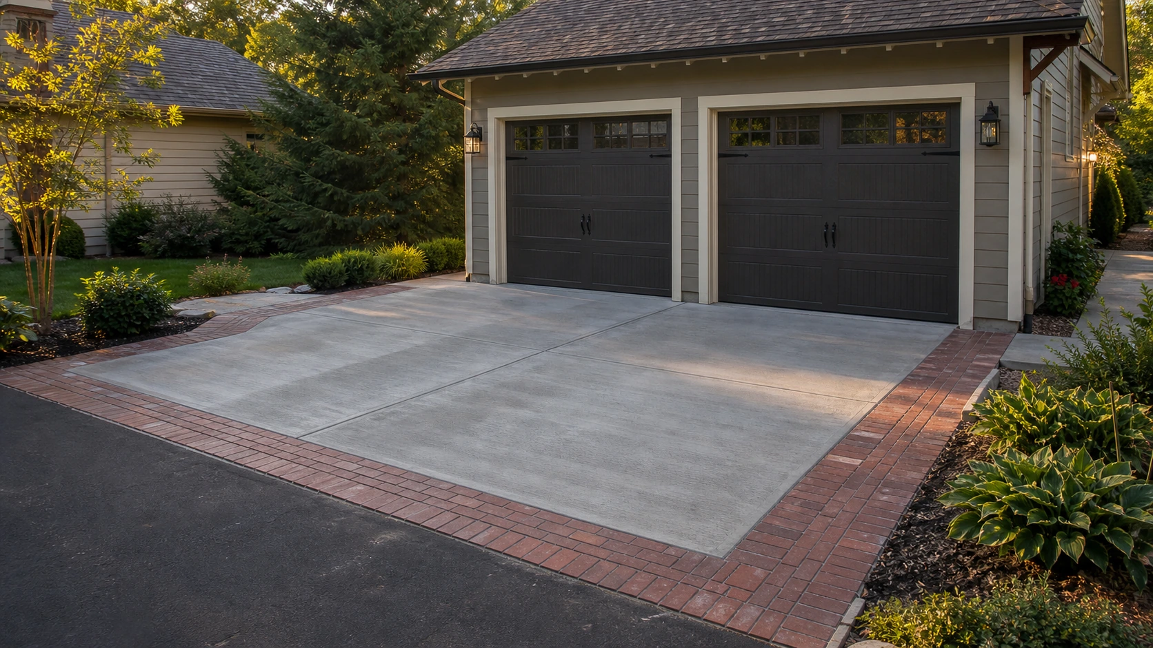 Concrete garage apron framed by a flush brick border inset beside a traditional American home.