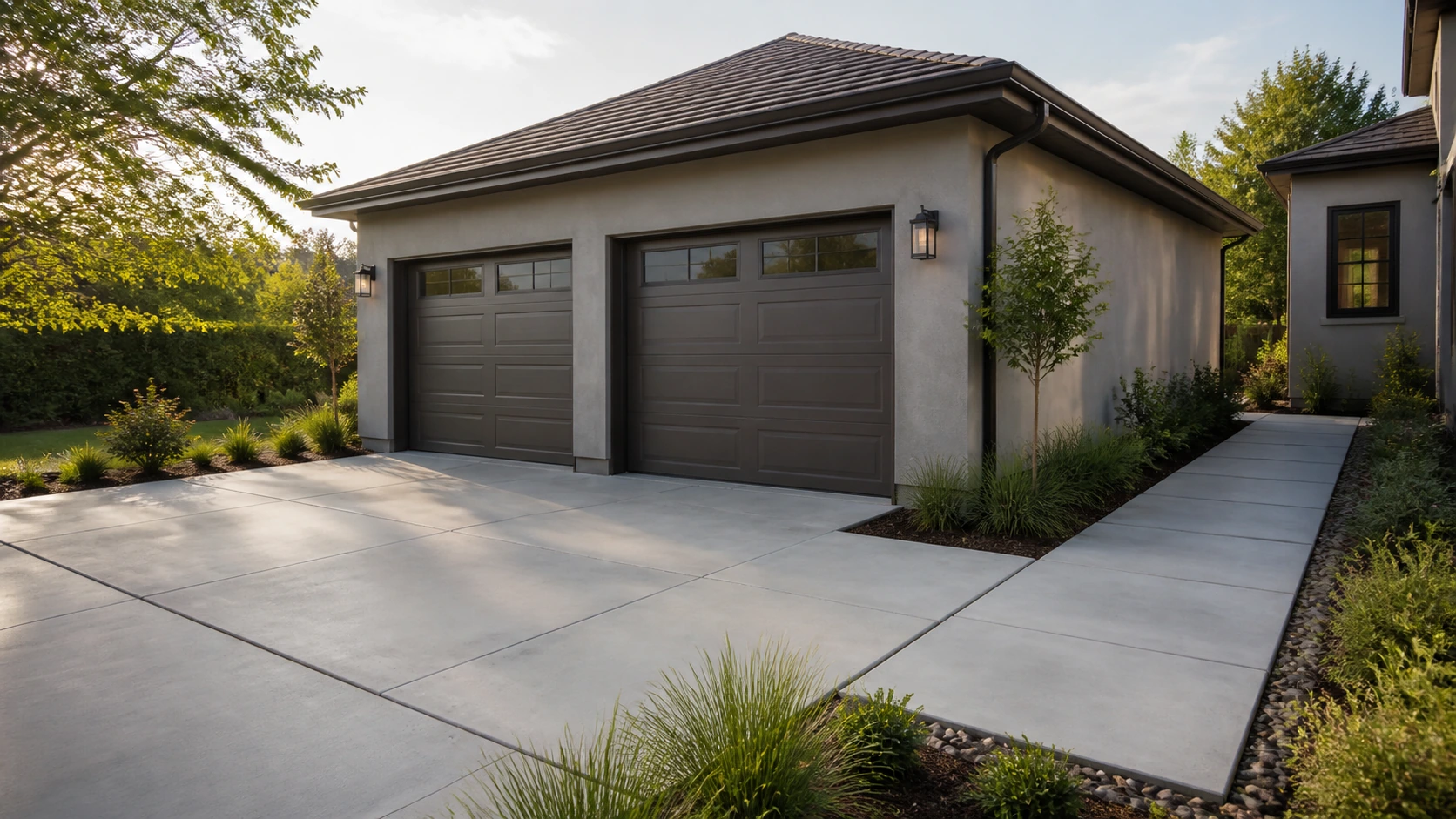 Garage apron joined to a connected side walkway that keeps foot traffic clear of the parking zone.
