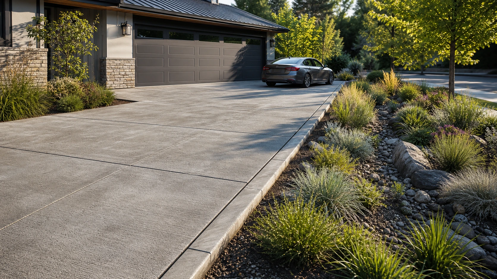 Garage apron draining toward a shallow planted rain-garden edge with low grasses.