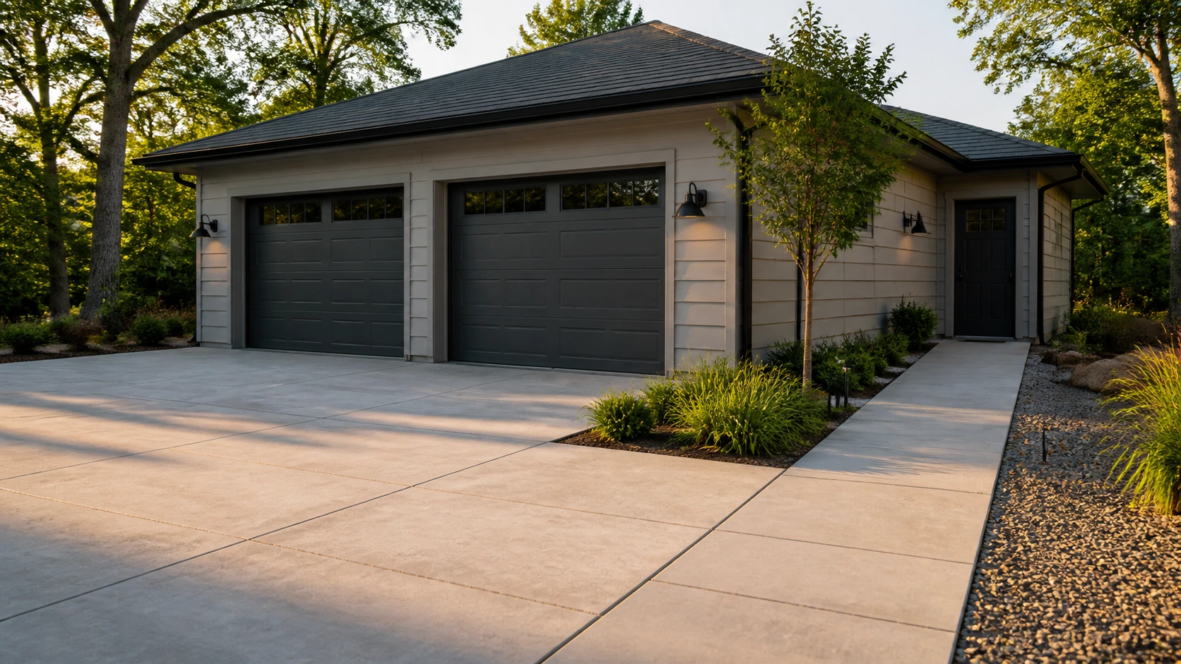 Concrete garage apron connected to a side-door arrival path with a simple planted transition.