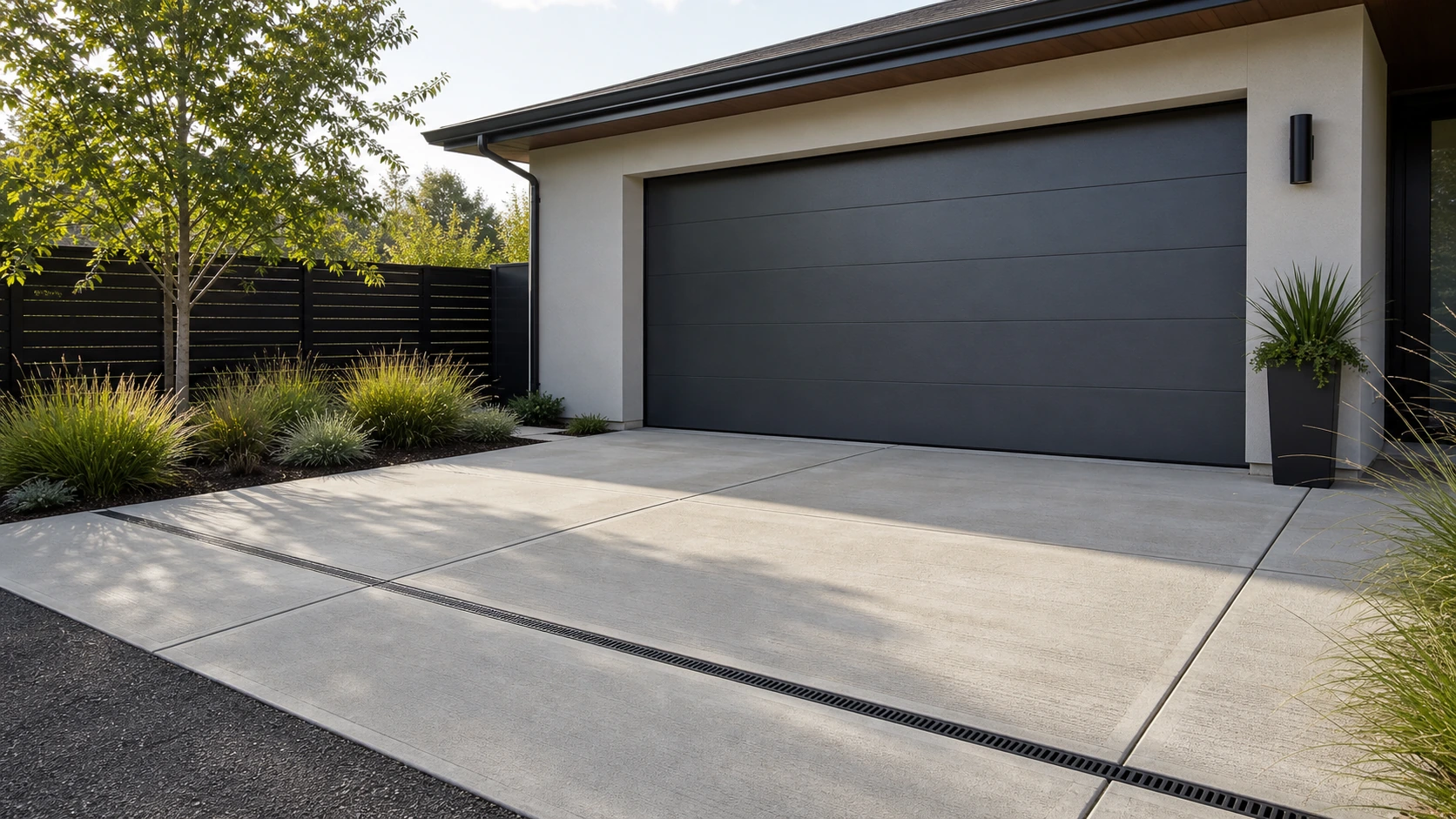 Concrete garage apron with a subtle linear slot drain set across the low edge.