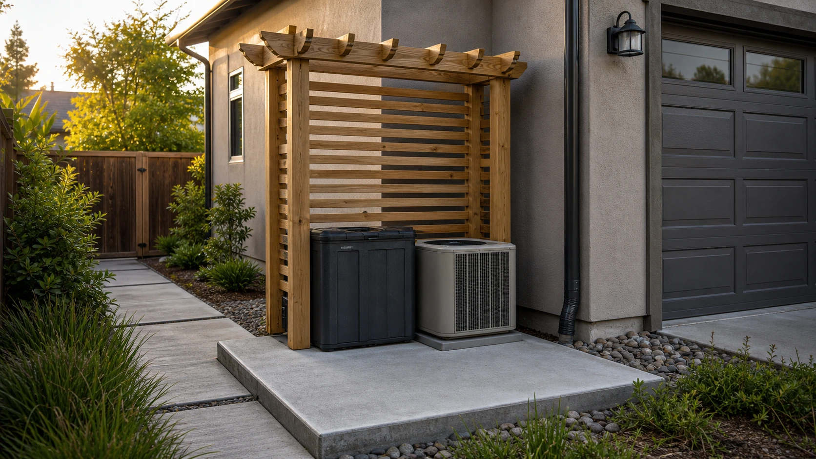 Garage-side utility slab with a pergola screen shading a compact work-and-storage zone.