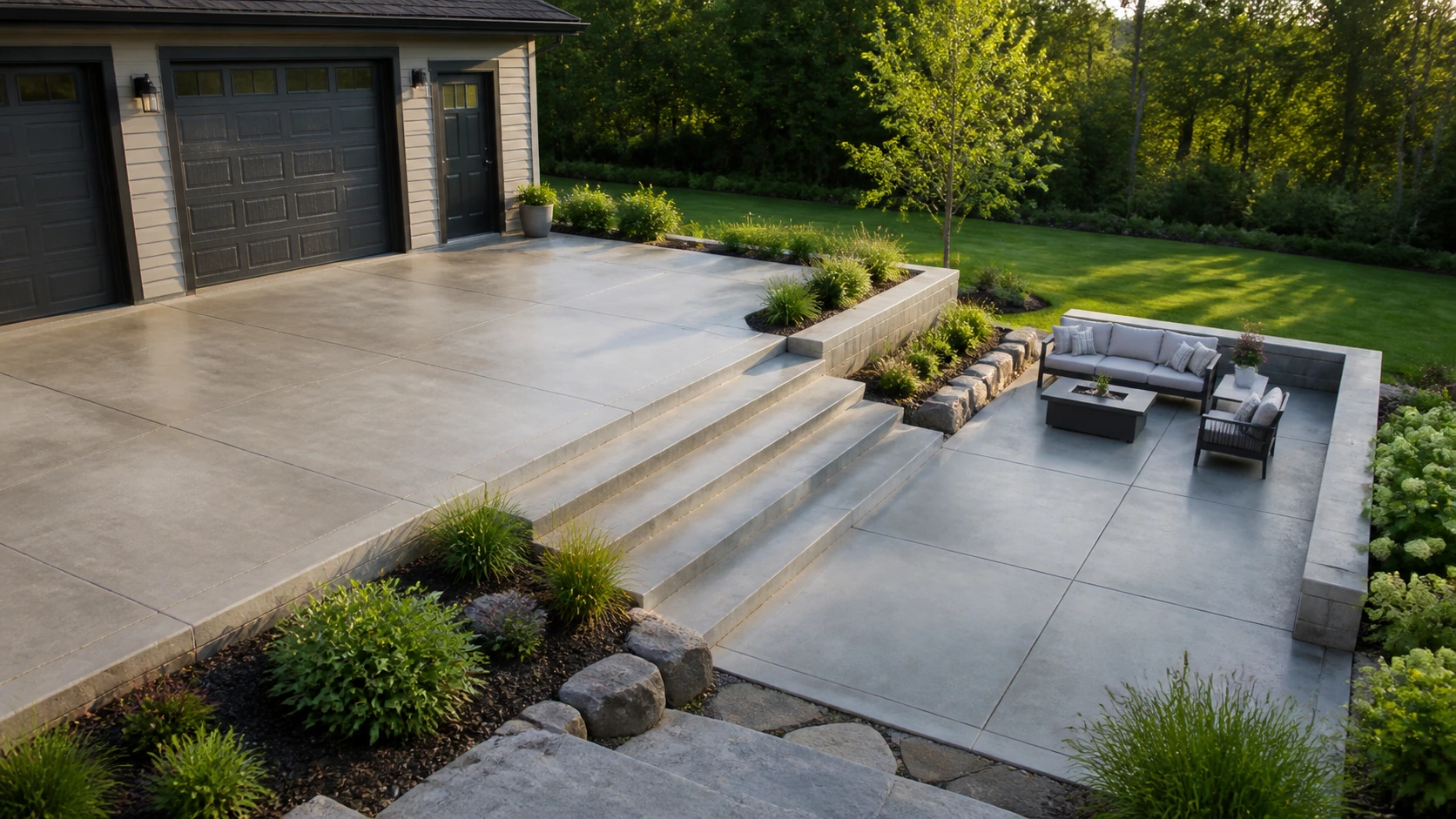 Concrete transition terrace linking a garage service door to the yard at a comfortable grade.