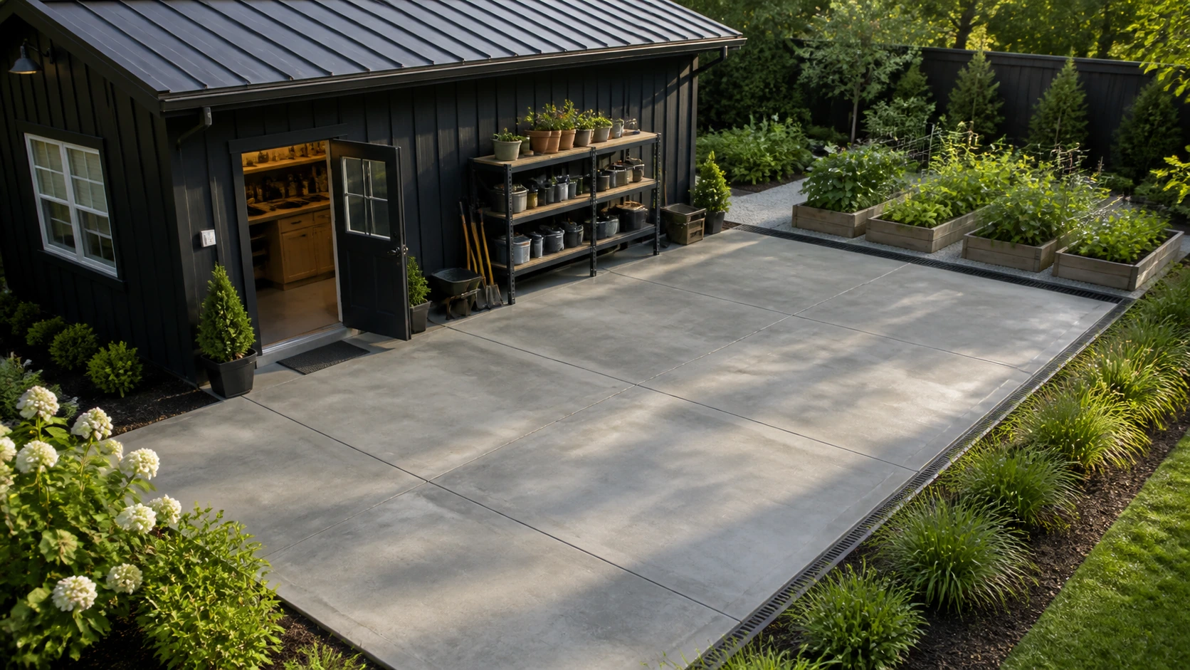 Garden-facing workshop with a concrete court that opens toward planting beds and a work zone.