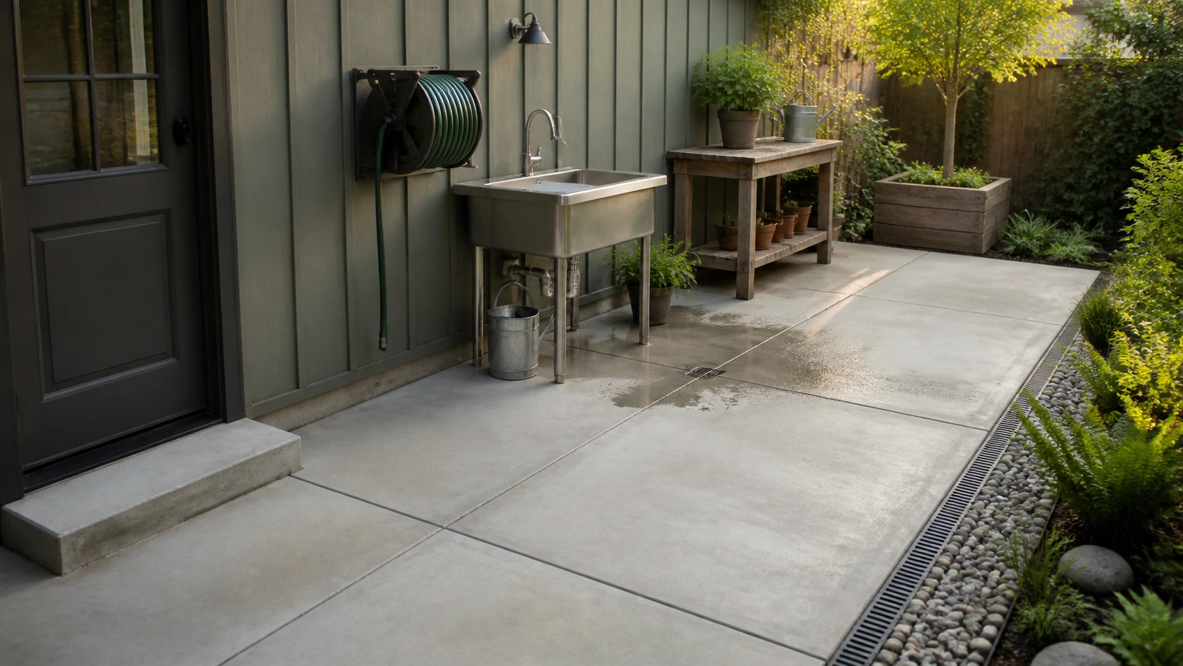 Garden wash-station concrete court with a drain and space for rinsing tools and boots.