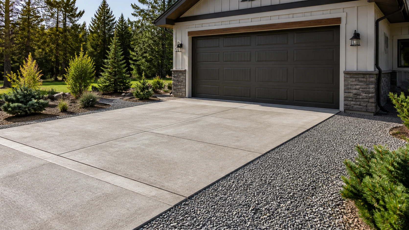 Concrete apron with a compacted gravel shoulder easing the transition to the yard.