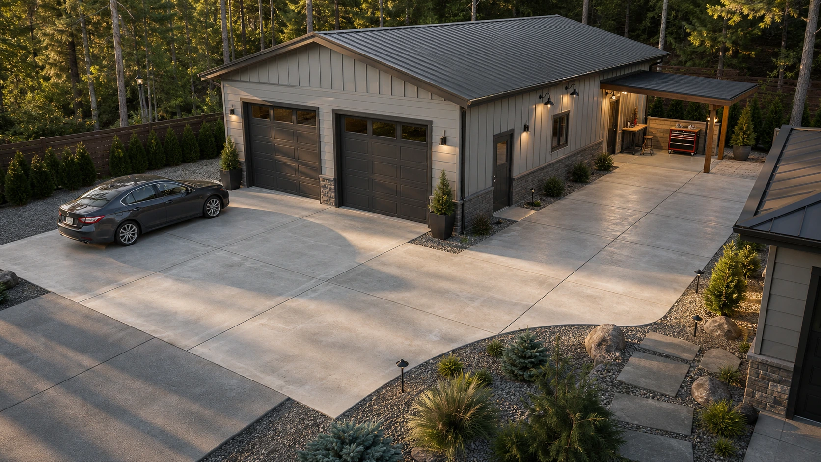 Modern garage and workshop concrete court with broad vehicle pads, clear pedestrian routes, low planting, and practical lighting.