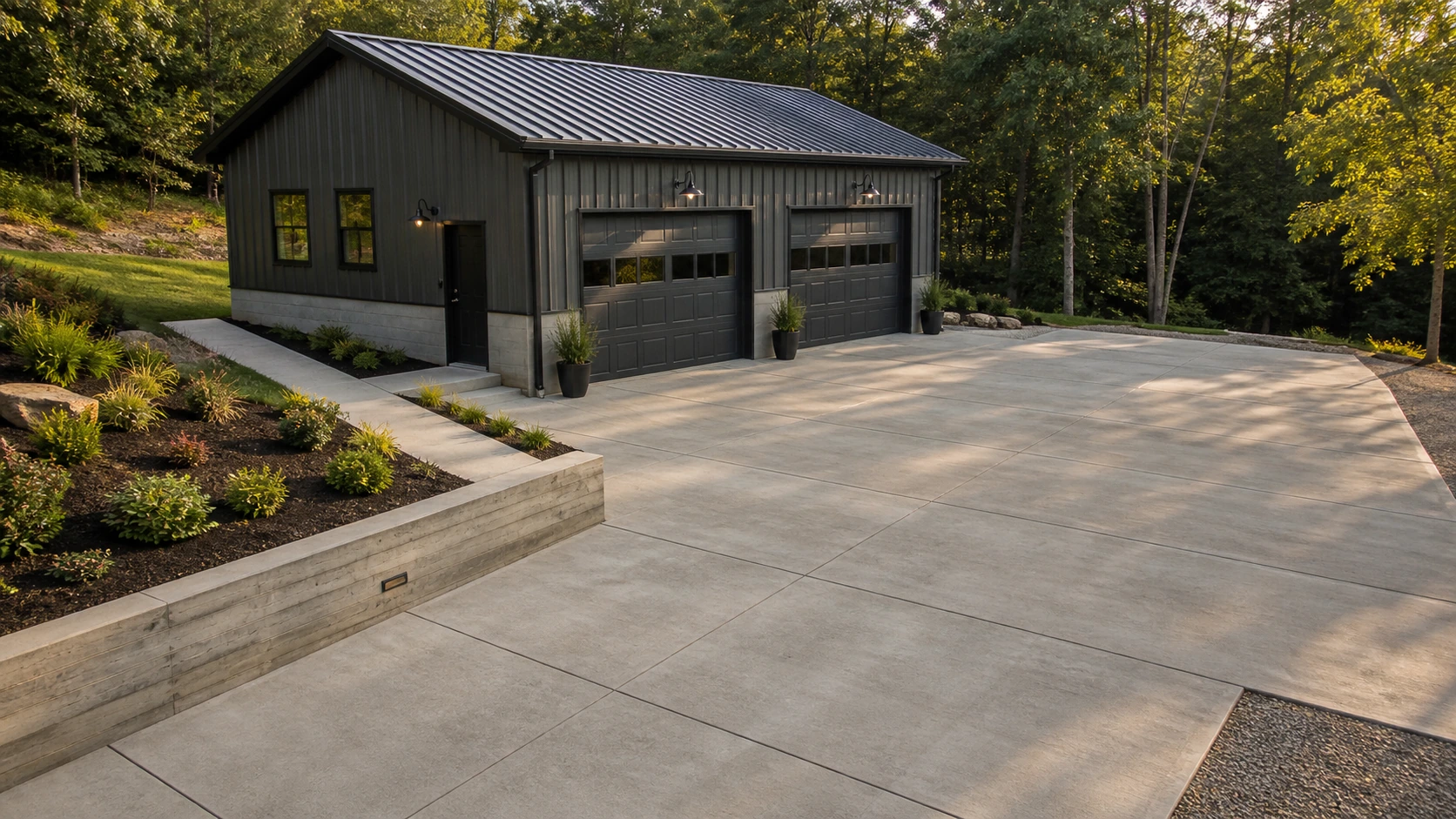 Workshop concrete pad held by a low retaining edge where the yard steps down.