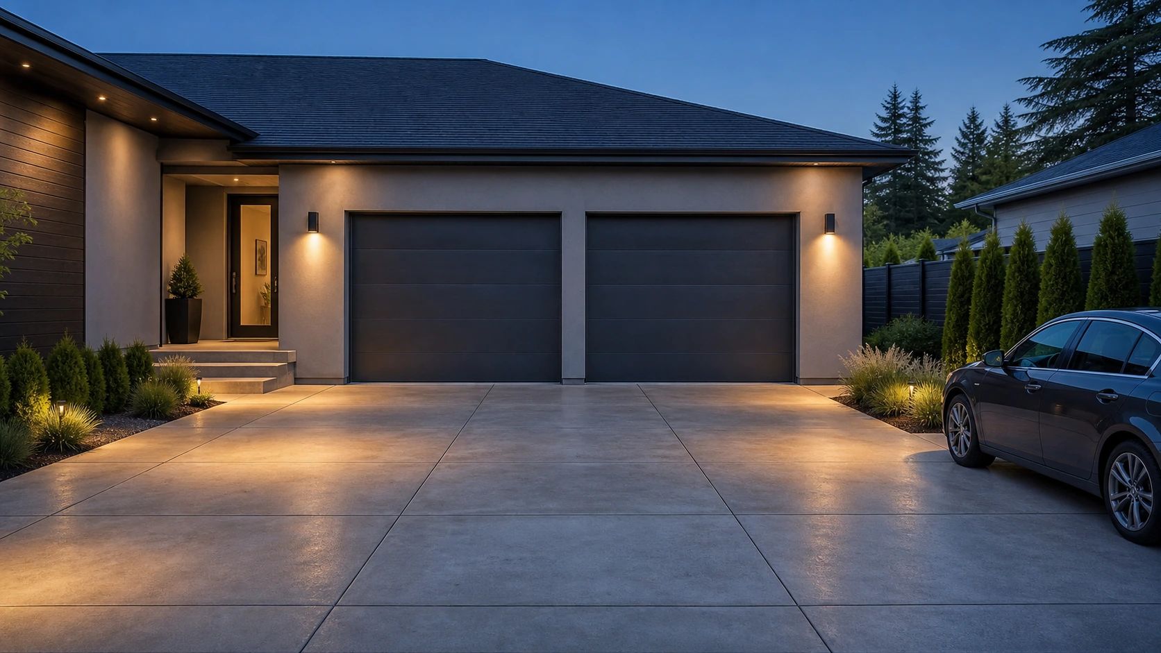Minimal concrete garage apron with clean recessed lighting, dark hardware, and restrained planting.