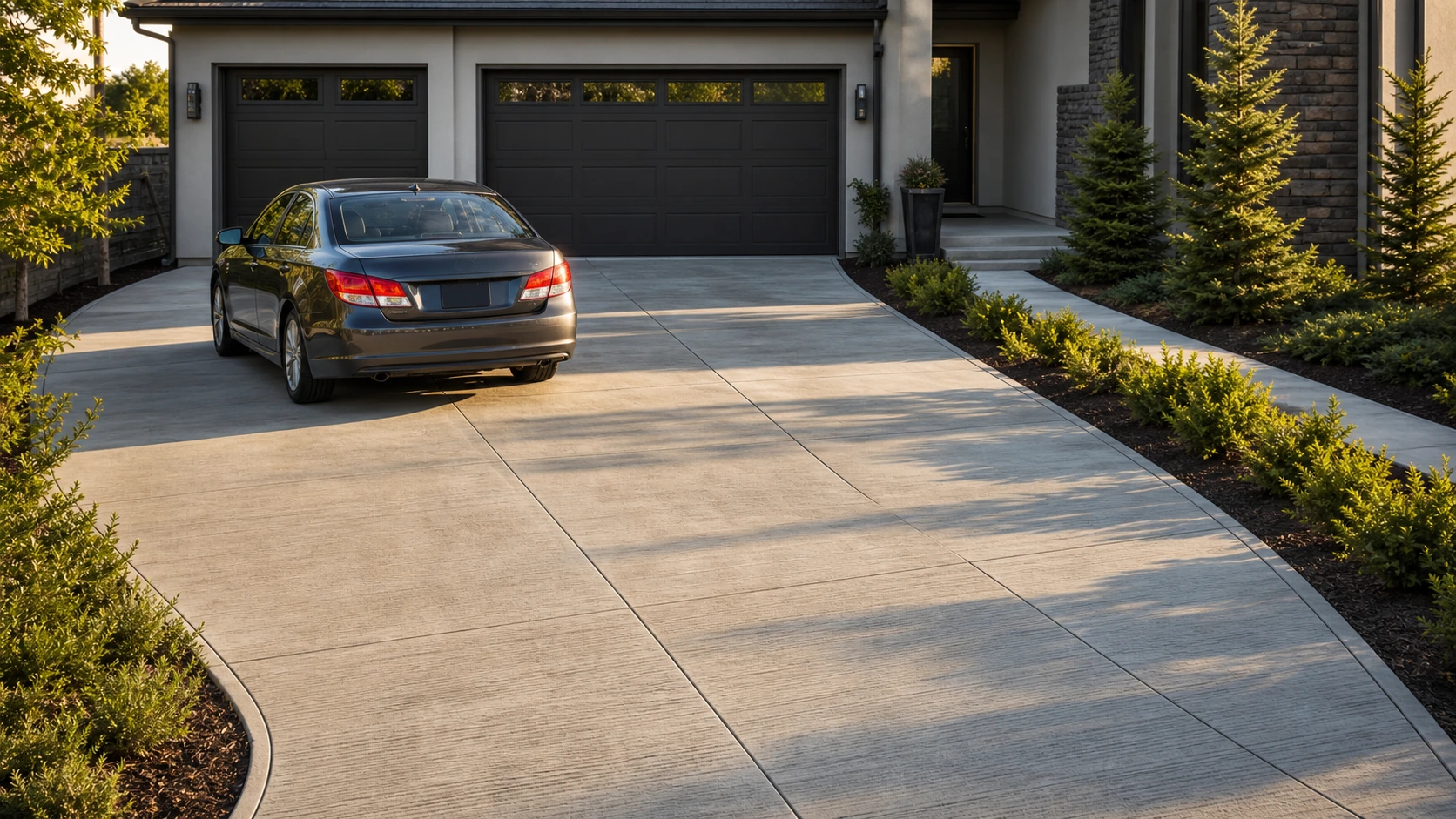 Modern two-car garage with a broad concrete apron, clean joint lines, and low planting at the edges.