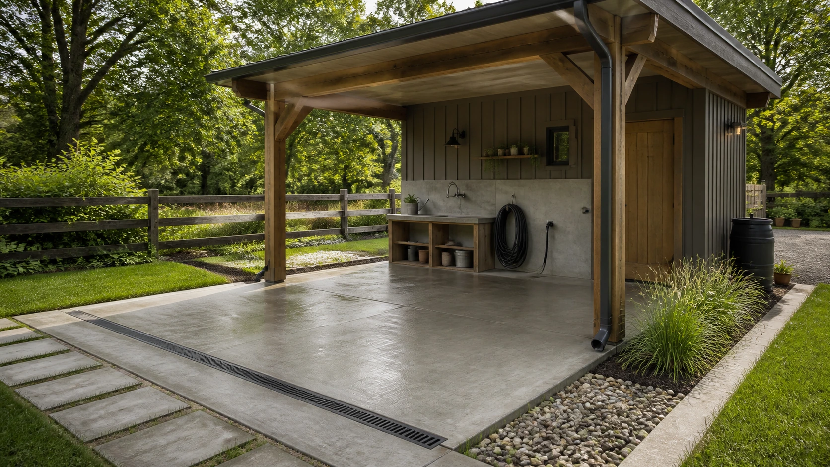 Open work canopy over a concrete wash-down pad with a slight slope to a drain.