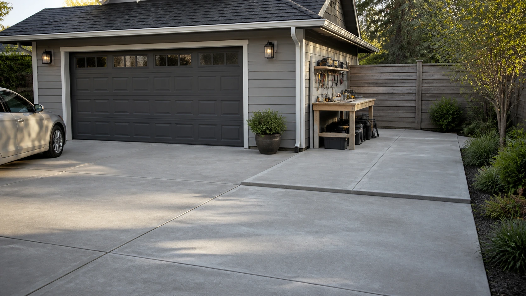 Concrete slab extension supporting an outdoor workbench beside a detached workshop.