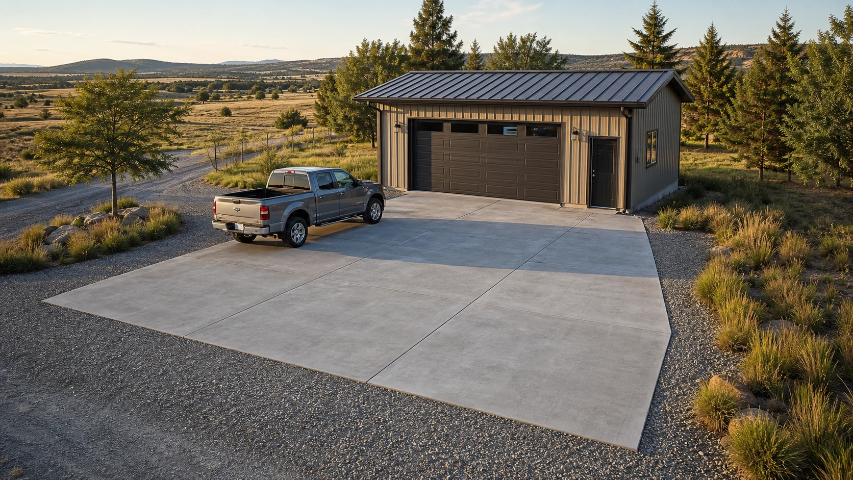 Rural workshop with a generous concrete parking court sized for trucks and equipment turning.