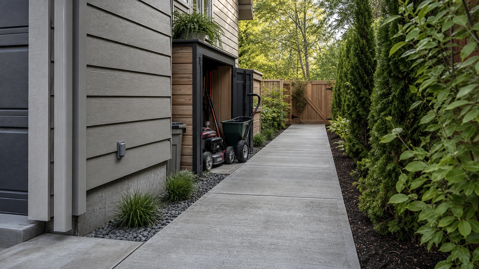 Narrow side-yard concrete pad giving all-weather equipment access along the house.