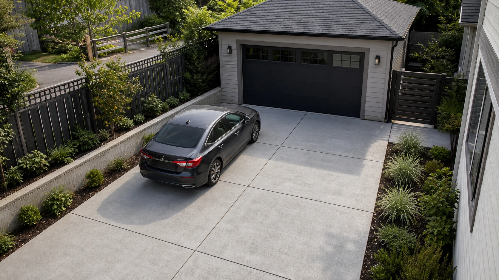Small courtyard concrete parking pad framed by walls and low planting for an urban lot.