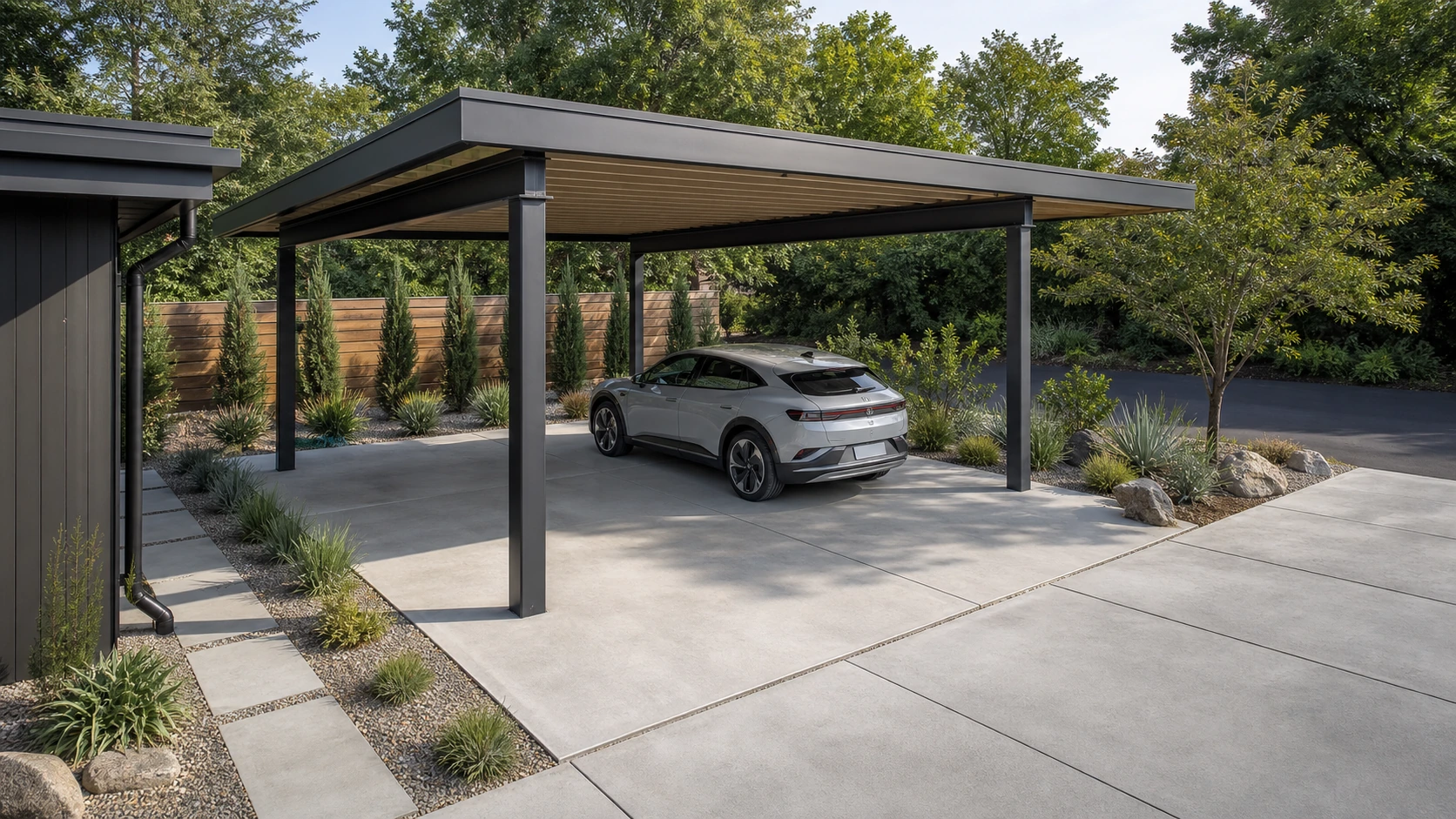 Solar-ready carport over a concrete court with conduit routed for a rooftop panel array.