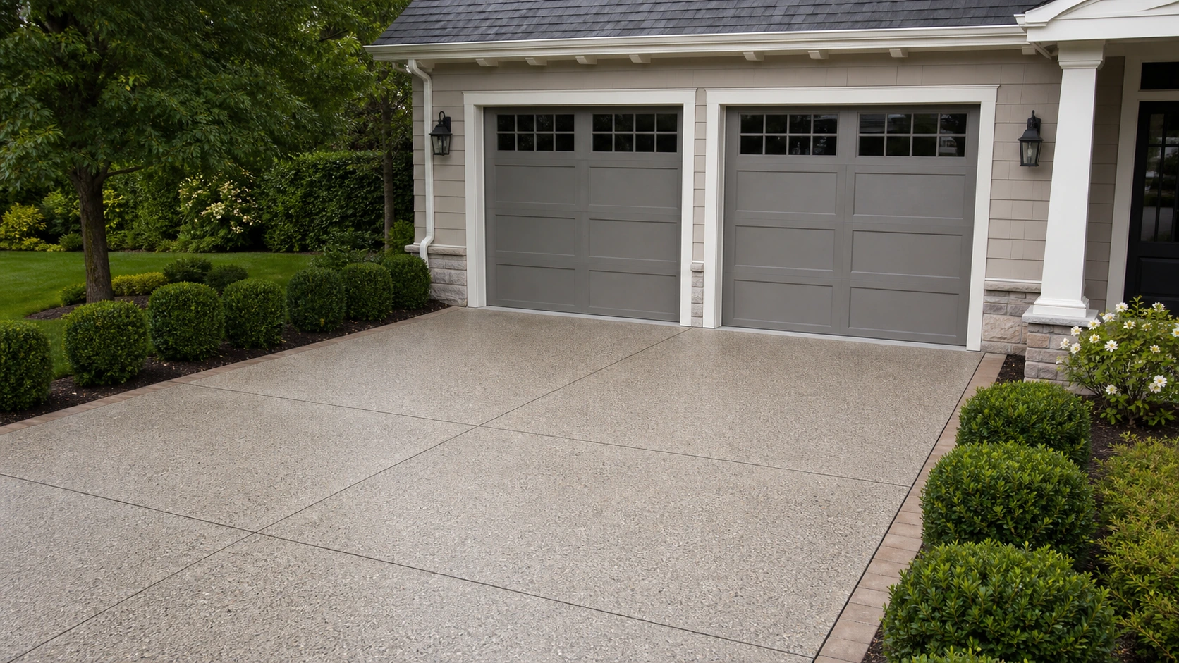 Subtle exposed-aggregate garage apron with a fine texture beside a traditional two-story home.