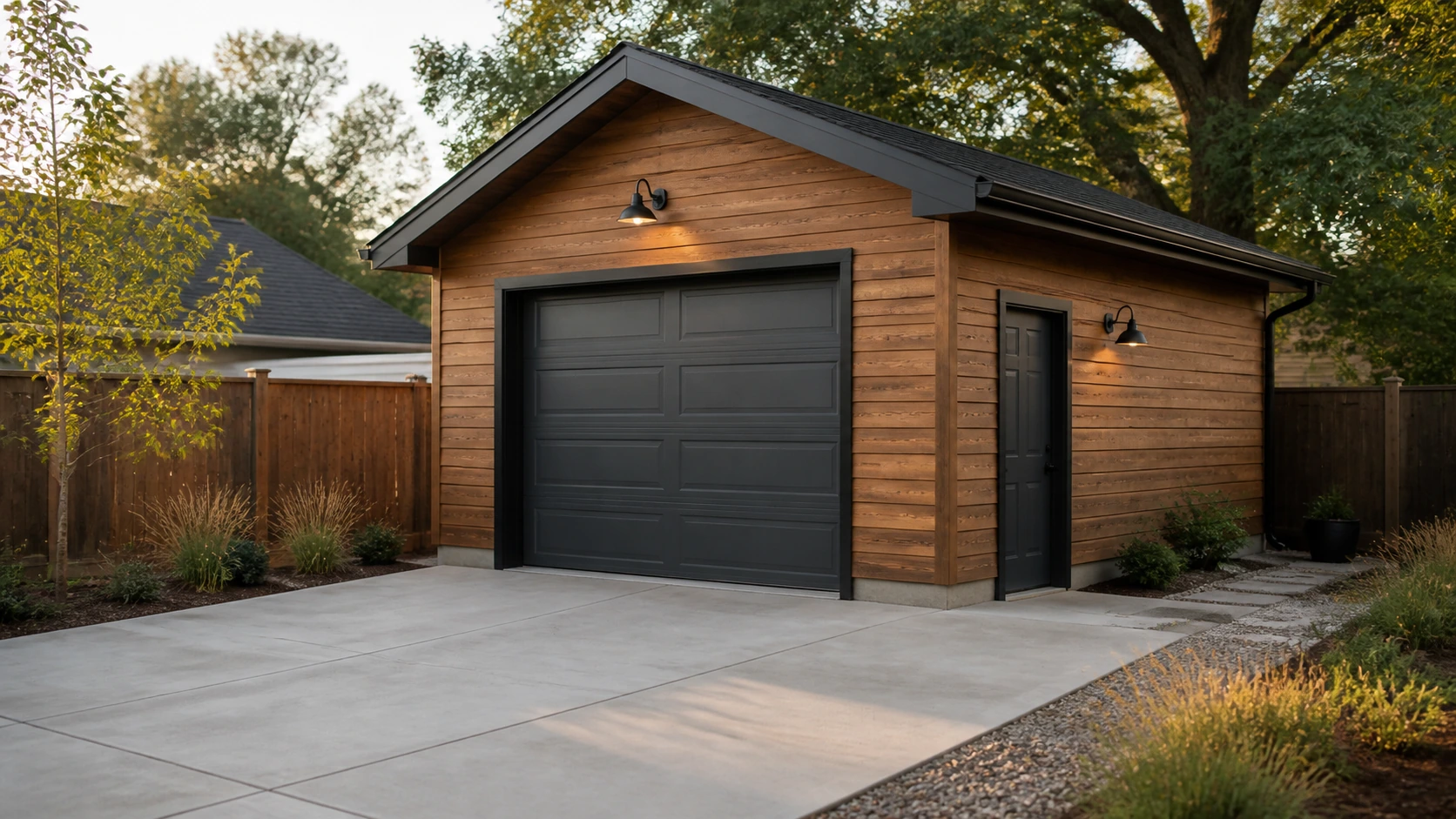 Timber-clad detached garage on a clean concrete pad with modern hardware and low grasses.