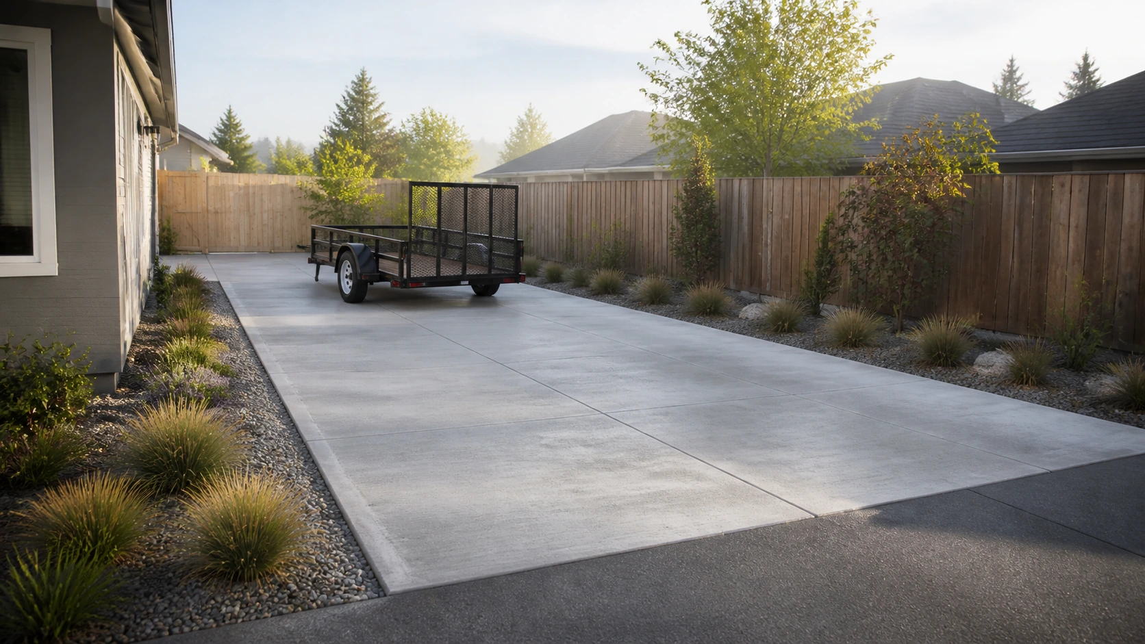 Trailer-ready side parking pad in reinforced concrete with room to maneuver beside the house.