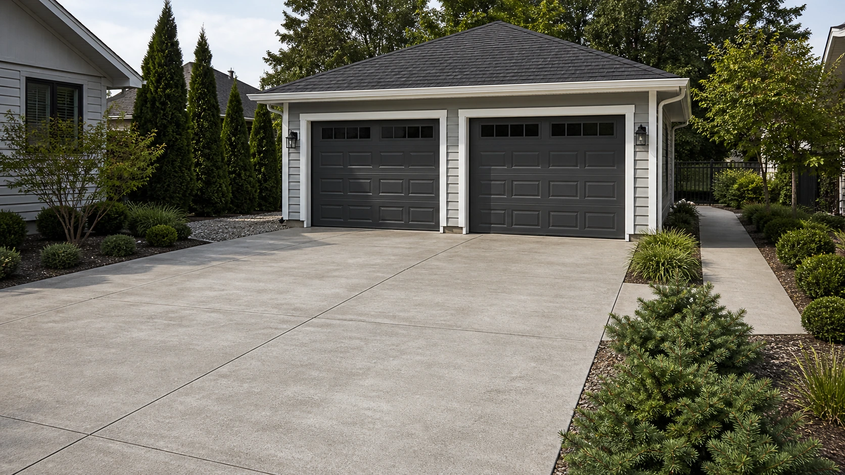 Two-bay detached garage sharing one wide concrete apron with symmetrical parking and low borders.