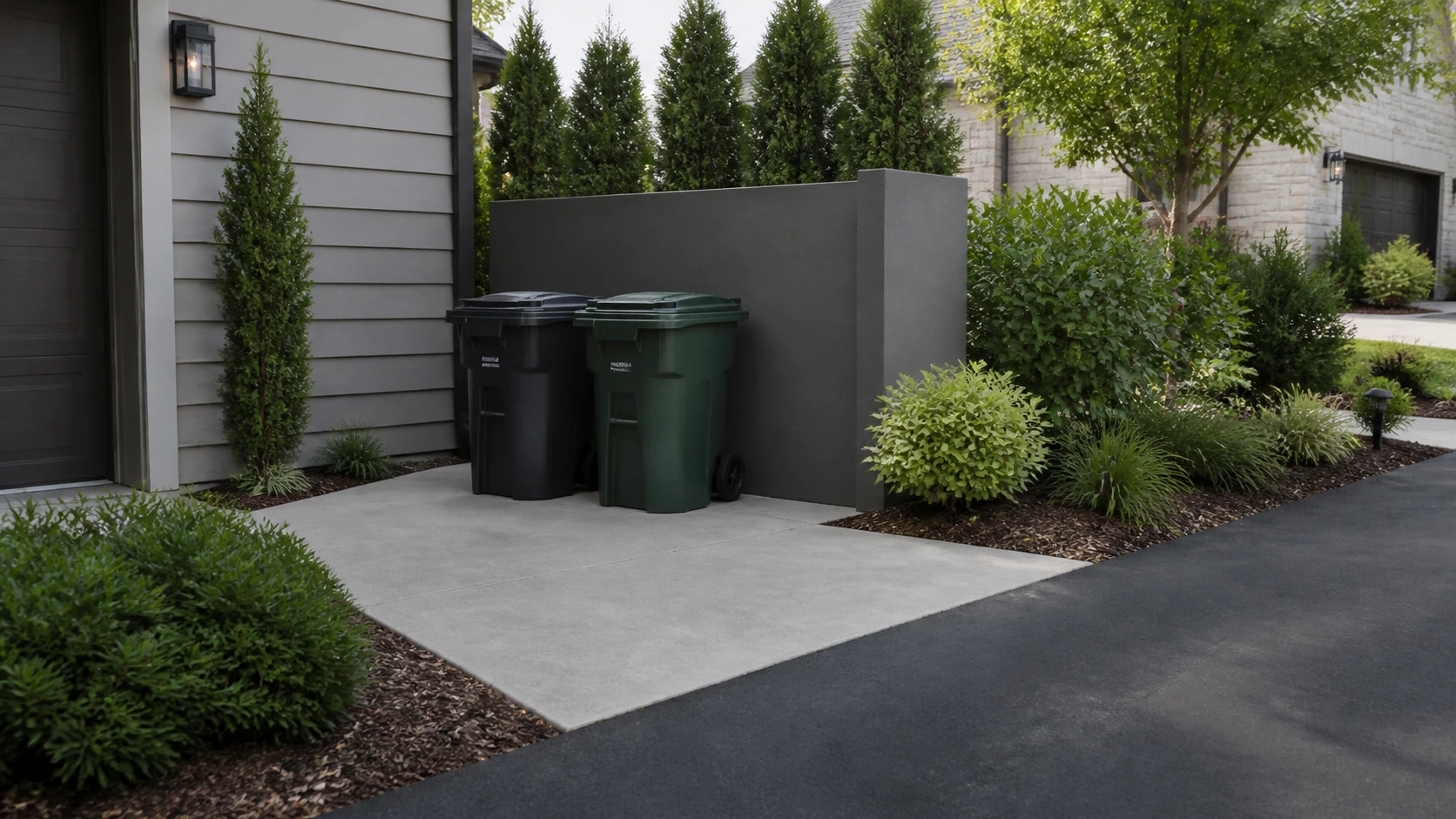 Concrete utility bin court screened by a green planting wall that hides the bins from view.