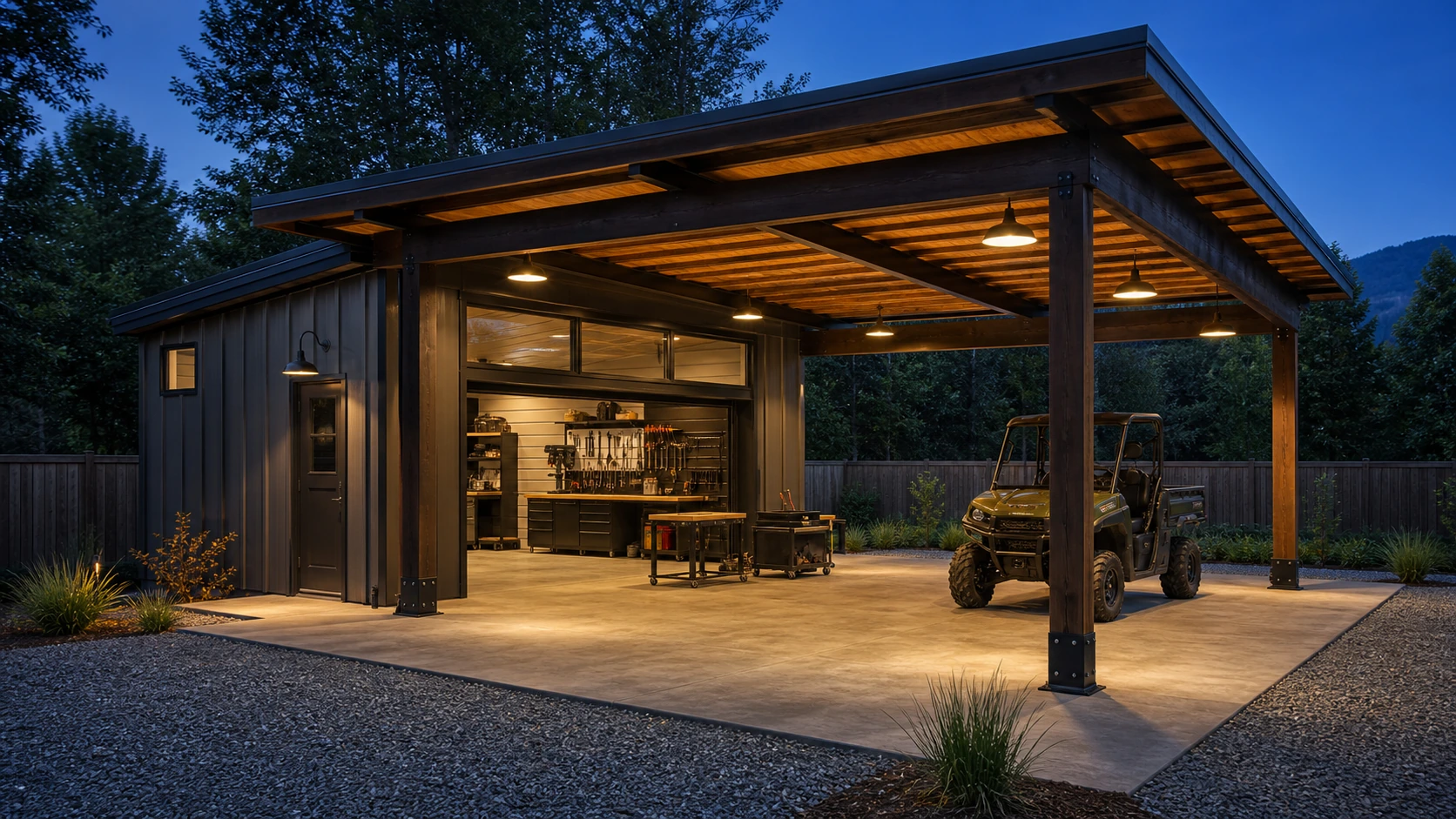 Workshop canopy over a concrete pad lit by evening utility lighting for after-dark tasks.