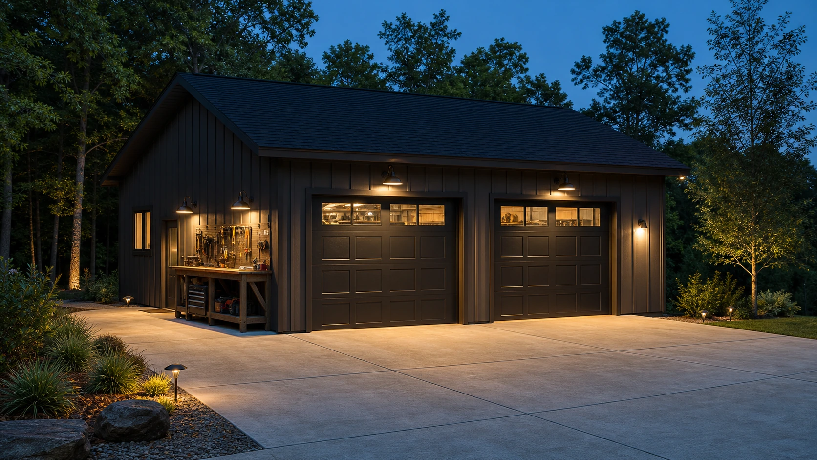 Workshop garage court with focused evening task lighting across a clean concrete surface.