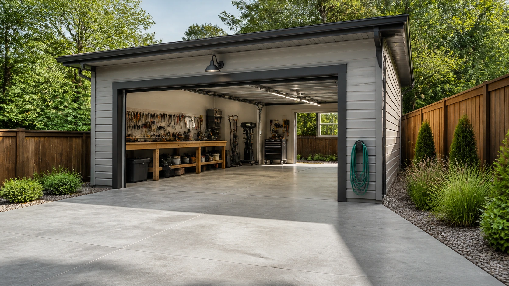 Workshop garage with an open concrete work apron for projects that spill out of the bay.