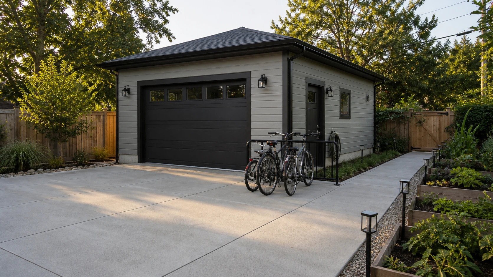 Workshop concrete pad with a direct route for bikes and garden access to the yard.