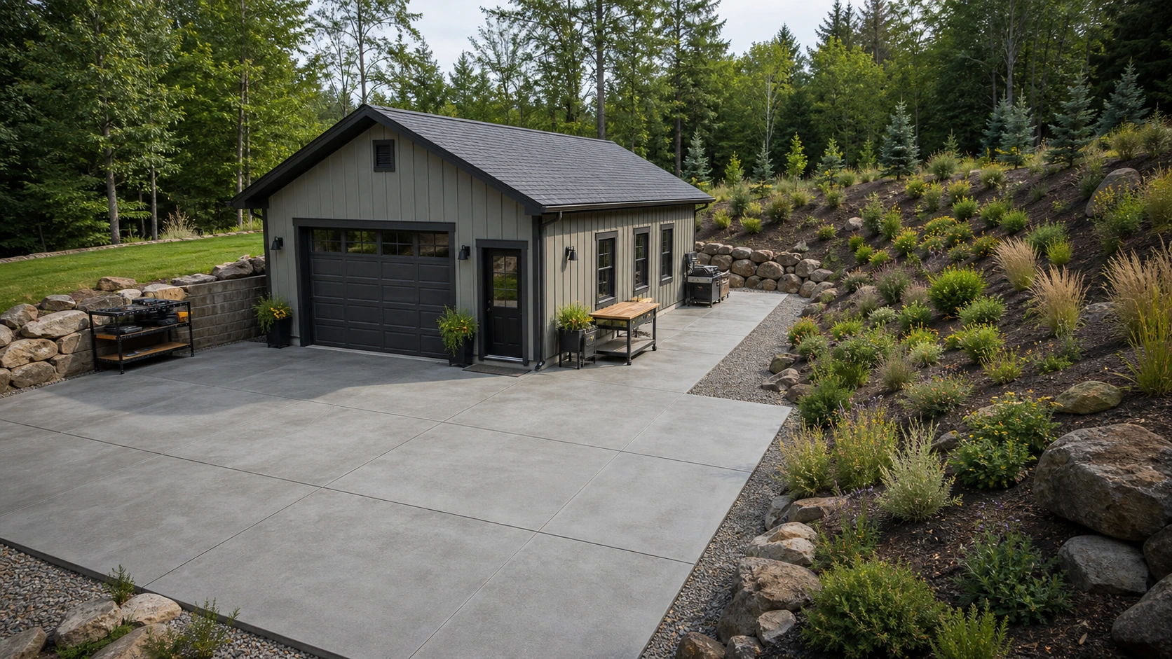 Workshop concrete pad with a planting buffer easing the grade on a gently sloped lot.