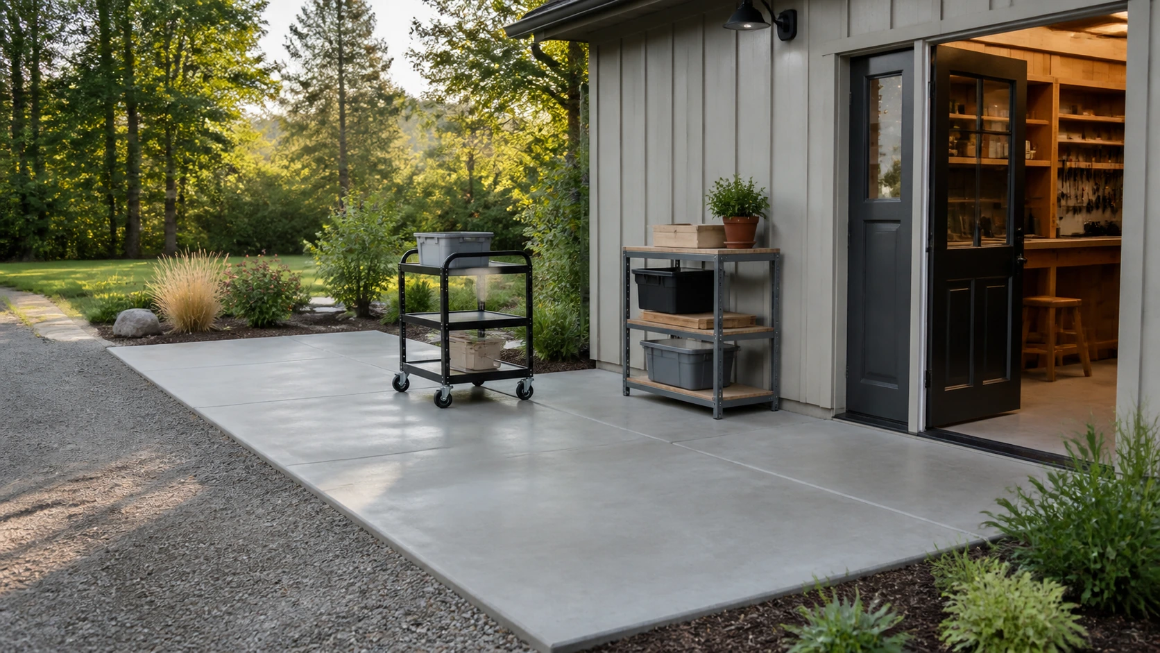 Workshop staging pad with a smooth, level route for rolling carts between shop and yard.